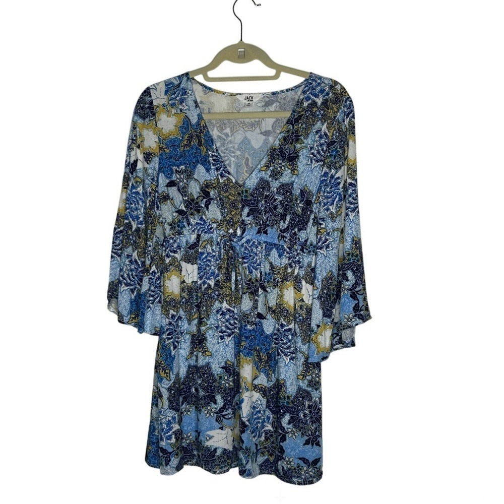 Jack By BB Dakota Bell Sleeves V-Neck Blue Floral Print Dress/Coverup Sz M
